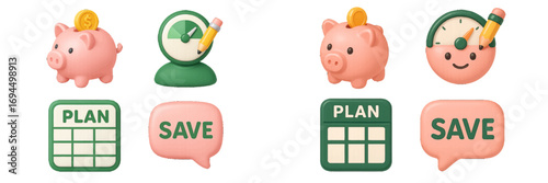 Financial planning and money saving icon set with piggy bank, coin, clock, and calendar for budget and time management concepts