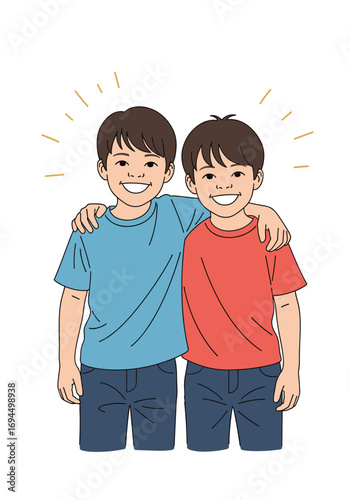 Two happy young boys standing together with arms around each other smiling brightly