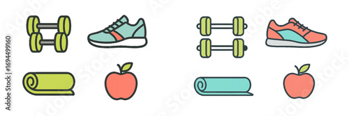 Collection of fitness and healthy lifestyle objects including dumbbells, running shoes, yoga mats, and apples for workout and exercise