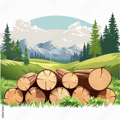 Cut Logs in Mountain Meadow Landscape