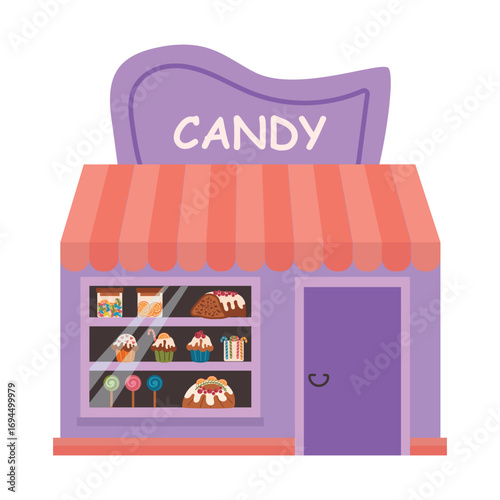 Candy store, with shelves full of lollipops, sweet pastries, cakes.