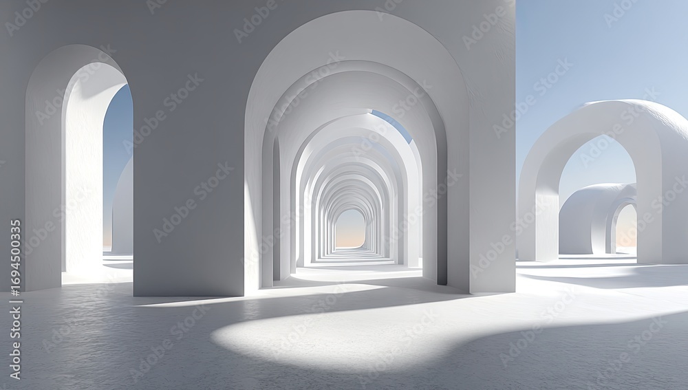 Fototapeta premium A minimalist, arched colonnade stretches into a pale sky