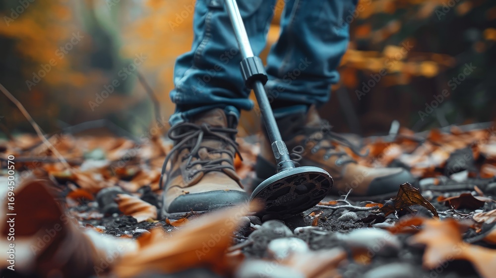 Obraz premium Autumn adventure metal detecting enthusiast searching for treasures in a forest setting