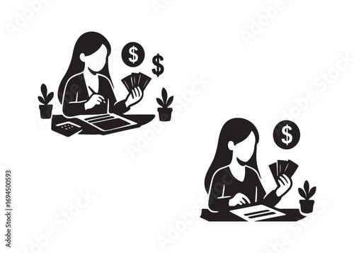 Silhouette Vector of Accountant Working with Financial Documents, Money Symbols and Office Desk Setup – Professional Business Illustration. Vector Modern Illustration. Silhouette design
