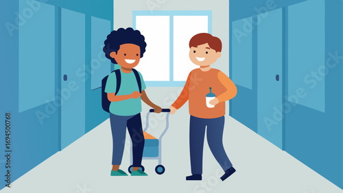 Buddy System Two students walking down a school hallway one student with a mobility device and the other offering an arm for support both laughing and chatting as they share a