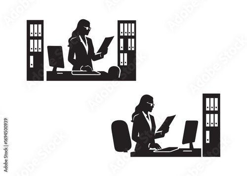 Silhouette Vector Set of Office Accountants Reading Documents – Professional Business Scene with Shelves, Computer and Workplace Elements. Vector Modern Illustration. Silhouette design