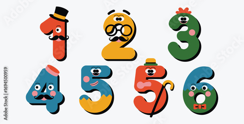 Colorful cartoon number characters with playful design elements for kids