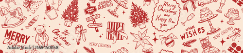 Christmas seamless pattern, New Year hand drawn doodle banner, winter holiday decor texture print. Celebration traditional gift wrapping paper, festive warm wishes red background. Christmas pattern