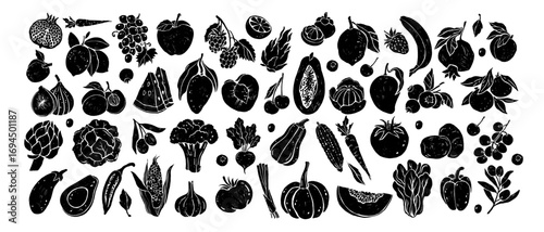 Vegetables fruit hand drawn icon set, vector organic vegetarian food fresh healthy diet illustration. Farm market veggies silhouette print, summer berries, autumn harvest pumpkin. Vegetables fruit art