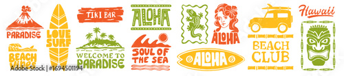 Aloha Hawaii logo set, vector hand drawn summer badge, tropical ocean beach print design, surfboard. Exotic coastal vacation sticker, paradise island calligraphy design elements. Aloha Hawaii icon