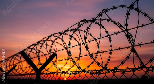 Barbed wire fence security at sunset silhouette image for border control and prison concept