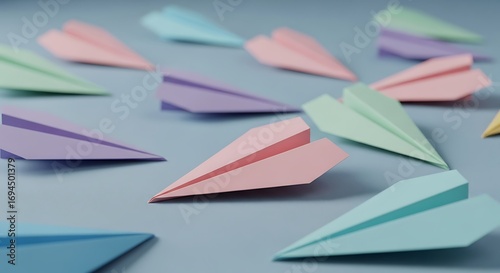 Pastel paper airplanes background, origami paper planes, flat lay paper plane, craft concept
