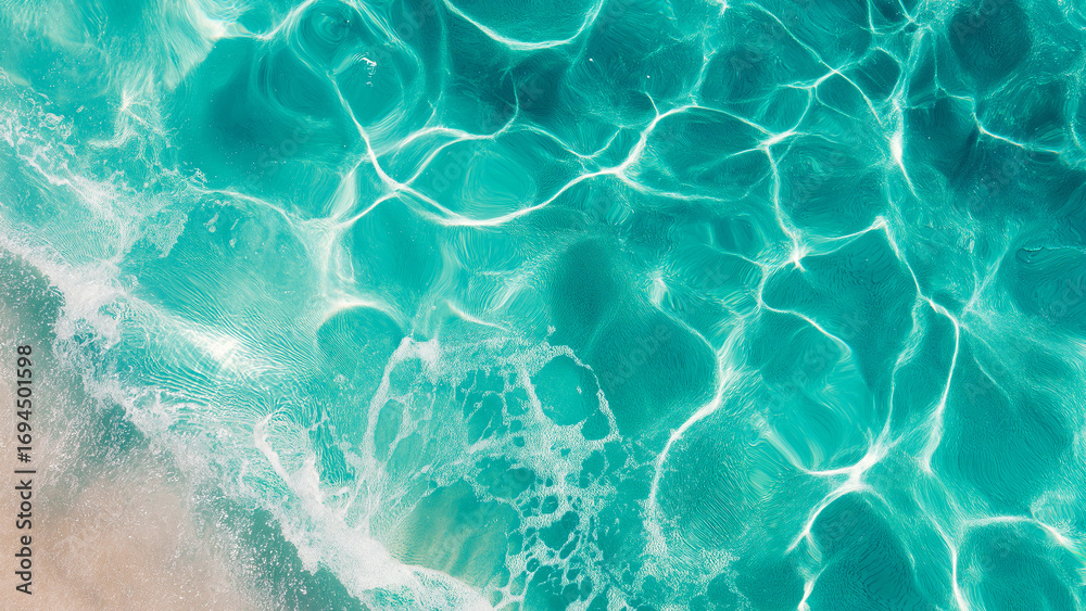 Fototapeta premium Summer Paradise Morning Sunlight Sparkle with Calming Ocean Ripples in Turquoise and Golden Tones for Life and Business Inspiration 