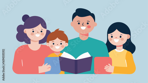 Family Support A heartwarming scene of a family sitting together reading a storybook with a focus on how they engage and connect through storytelling.