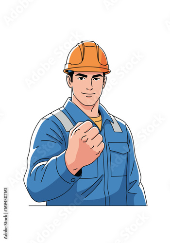 Strong construction worker in hard hat and blue uniform showing a clenched fist