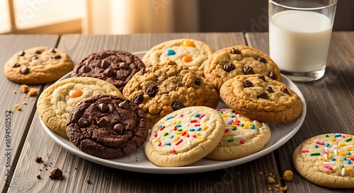 Delicious homemade cookies recipe with milk, chocolate chip, oatmeal, sugar cookies plate