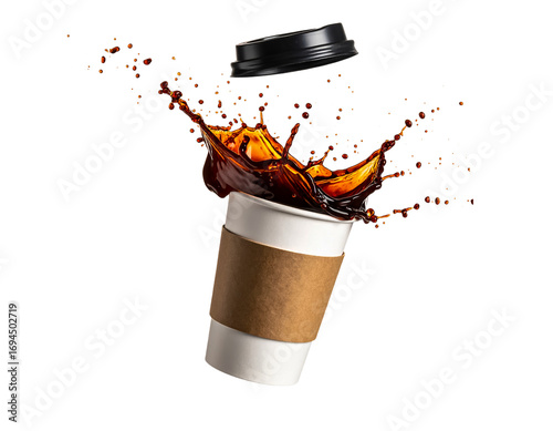 Coffee splash in paper cup with black background on transparent background