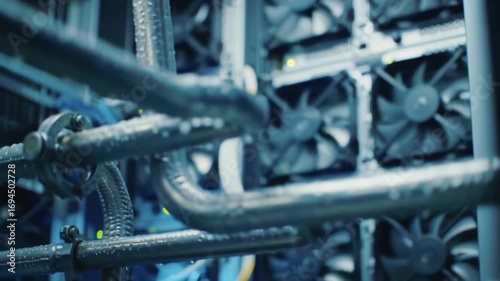 Detailed Close-Up of Cooling System with High-Performance Fans and Moisture-Covered Pipes in an Advanced Data Center Environment