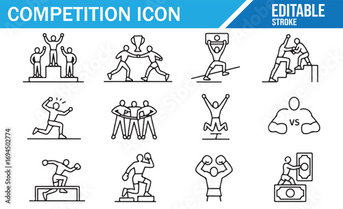 Editable Icons Set for Competition, Sports, and Contests, Line Art Vectors