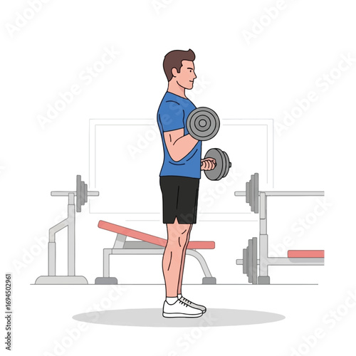 Man performing a dumbbell bicep curl exercise in a gym setting.