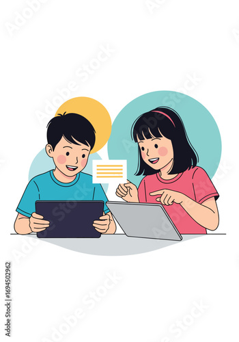 Children learning together online with tablets using educational apps and resources