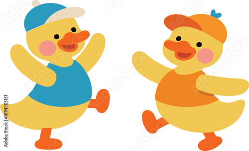 Two Cute Cartoon Ducks Dancing with Hats ( vector cartoon ) 