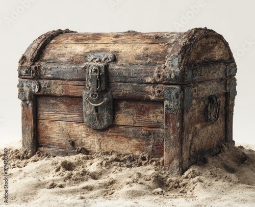 Aged wooden chest on sand