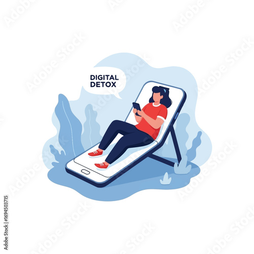 Woman relaxing on a giant phone-shaped lounge chair, using her phone, with "Digital Detox" text.