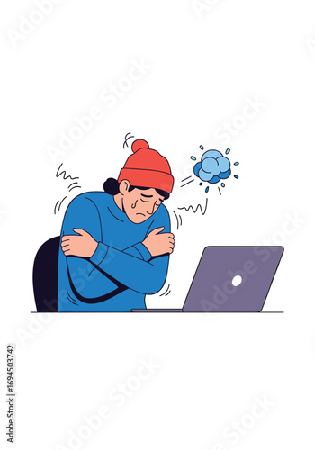 Young person feeling cold while working on laptop in a room with small ice cloud above
