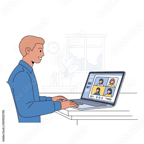 Man participates in a video conference on a laptop in a home office setting.