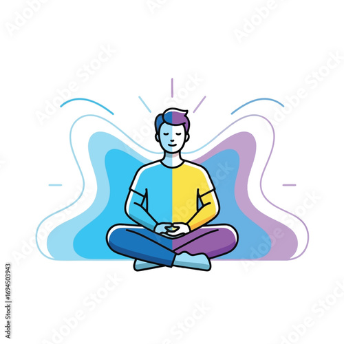 Man meditating in lotus position with abstract colorful shapes in the background, conveying peace and mindfulness.