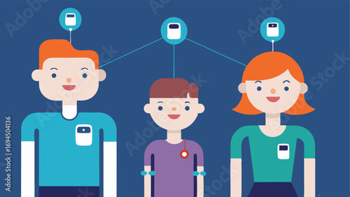 Family Using Wearables A cheerful family engaged in activities each wearing a posture monitoring device with lines connecting each device to a central monitoring app.