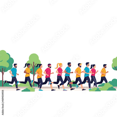 A group of diverse people running together on a path, enjoying outdoor exercise.