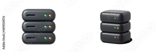 Server rack for data storage and network hosting shown from two different angles isolated on a white background