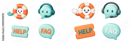 3D customer support icon set with lifebuoy character, headset speech bubble, help button, and FAQ symbol for online service and assistance