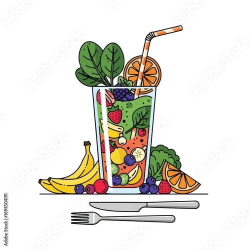 Colorful smoothie in a glass with fruits, berries, and spinach, accompanied by bananas, fork, and knife.