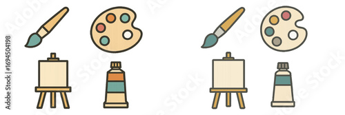 Art supplies icon set with paintbrush, palette, easel, and paint tube for creative projects and hobbies