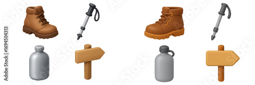 Essential hiking and camping gear including trekking pole, hiking boot, water bottle, and wooden directional sign for outdoor activities