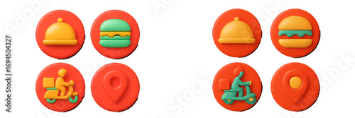 3D food delivery icon set with courier on scooter, hamburger, and location pin for online ordering app interface design