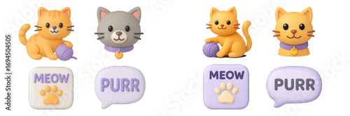 Adorable 3D cat icon collection featuring cute ginger and grey kittens playing with yarn, pet collars, and speech bubbles with meow and purr text