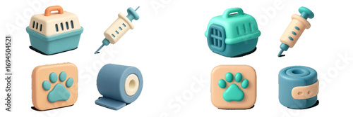 Set of 3D veterinary icons including a pet carrier, syringe for vaccination, paw print symbol, and bandage for animal healthcare and pet services