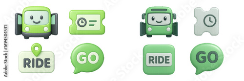 Public transportation and ride-sharing app interface elements with a cute green bus character, ticket, and navigation symbols