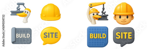 Cute construction icon set with builder characters, a goose with a crane, a hard hat, and website building elements