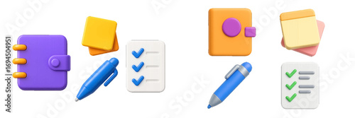 3D office supply icon set with notebook, pen, checklist, and sticky notes for business, planning, and education concepts