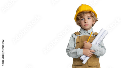 Young boy dressed as architect,holding blueprints and pencil, white background,copy space,banner.