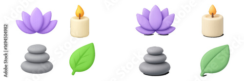 3D spa and wellness icon set with lotus flower, burning candle, zen stones, and green leaf for relaxation and meditation