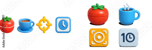 3D icon set for time management and productivity with Pomodoro timer, coffee break, focus target, and clock symbols