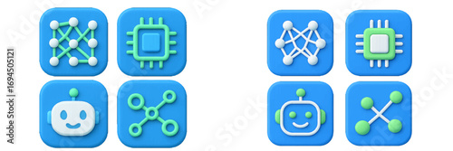 Collection of 3D style icons representing artificial intelligence, machine learning, neural networks, CPU microchips, and chatbot technology