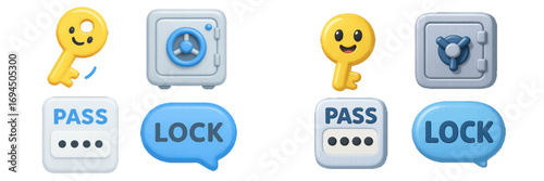 3D security icon set with cute key character, safe box, password entry field, and lock symbol for web and mobile app design
