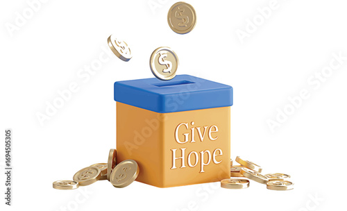 A conceptual illustration of charitable giving with coins falling into a donation box for hope